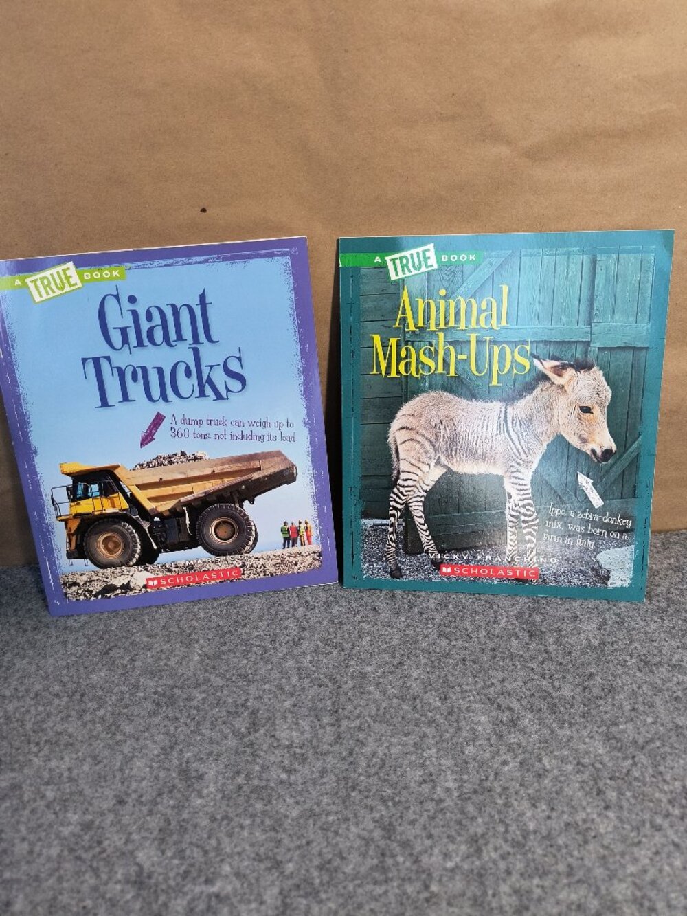 Scholastic True 2 Books Lot - Giant Trucks Animal Mash Ups Nonfiction Kids Books
